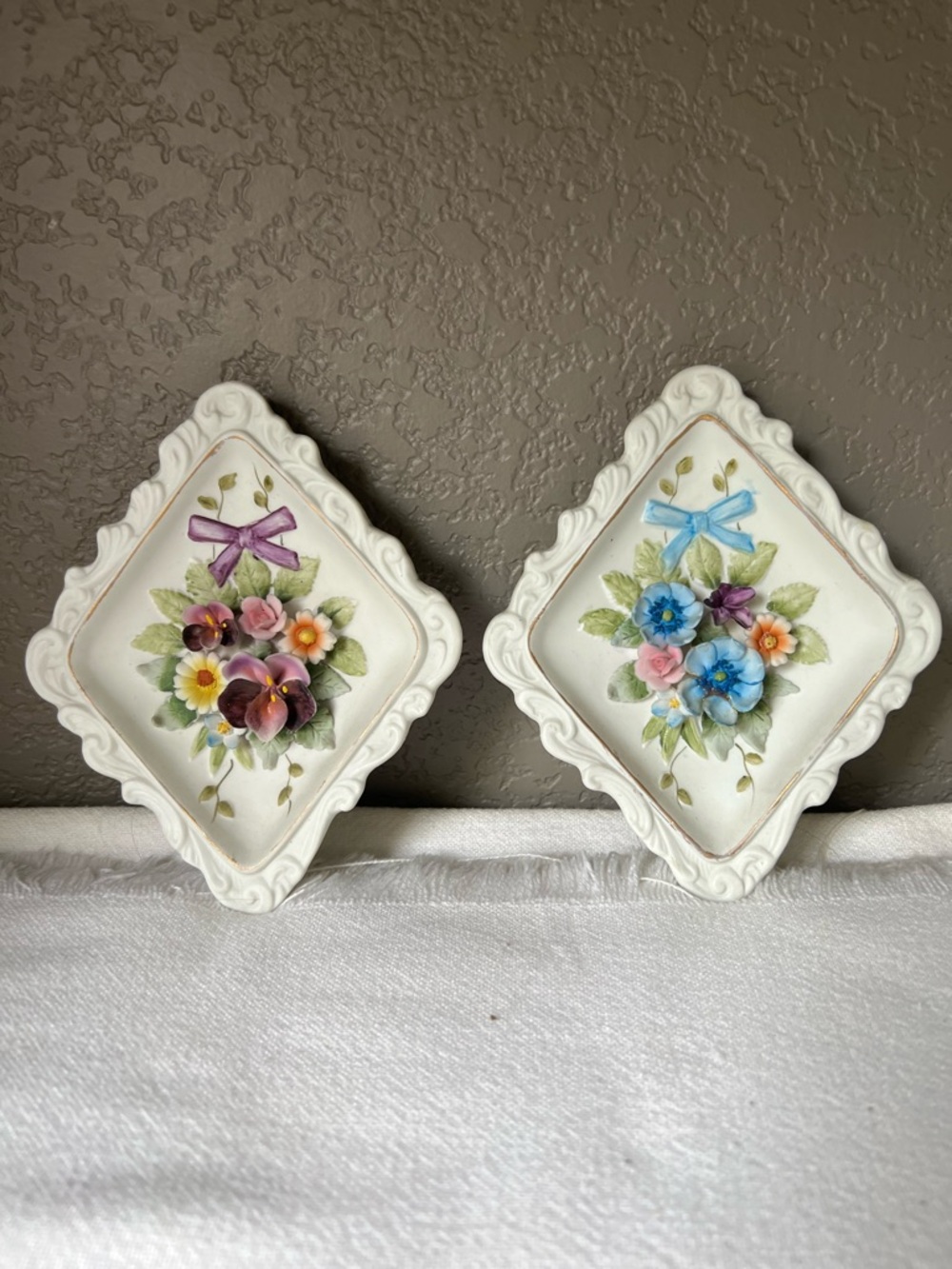 Vintage Ceramic Floral Wall Plaques - Set of 2